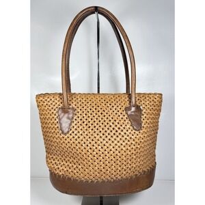 Vintage Inge Christopher Sport Leather Woven Tote Basket Bag Brown Boho Style